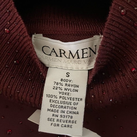 Carmen Marc Valvo Burgundy mock jeweled turtleneck sheer sleeveless top small - Picture 5 of 5